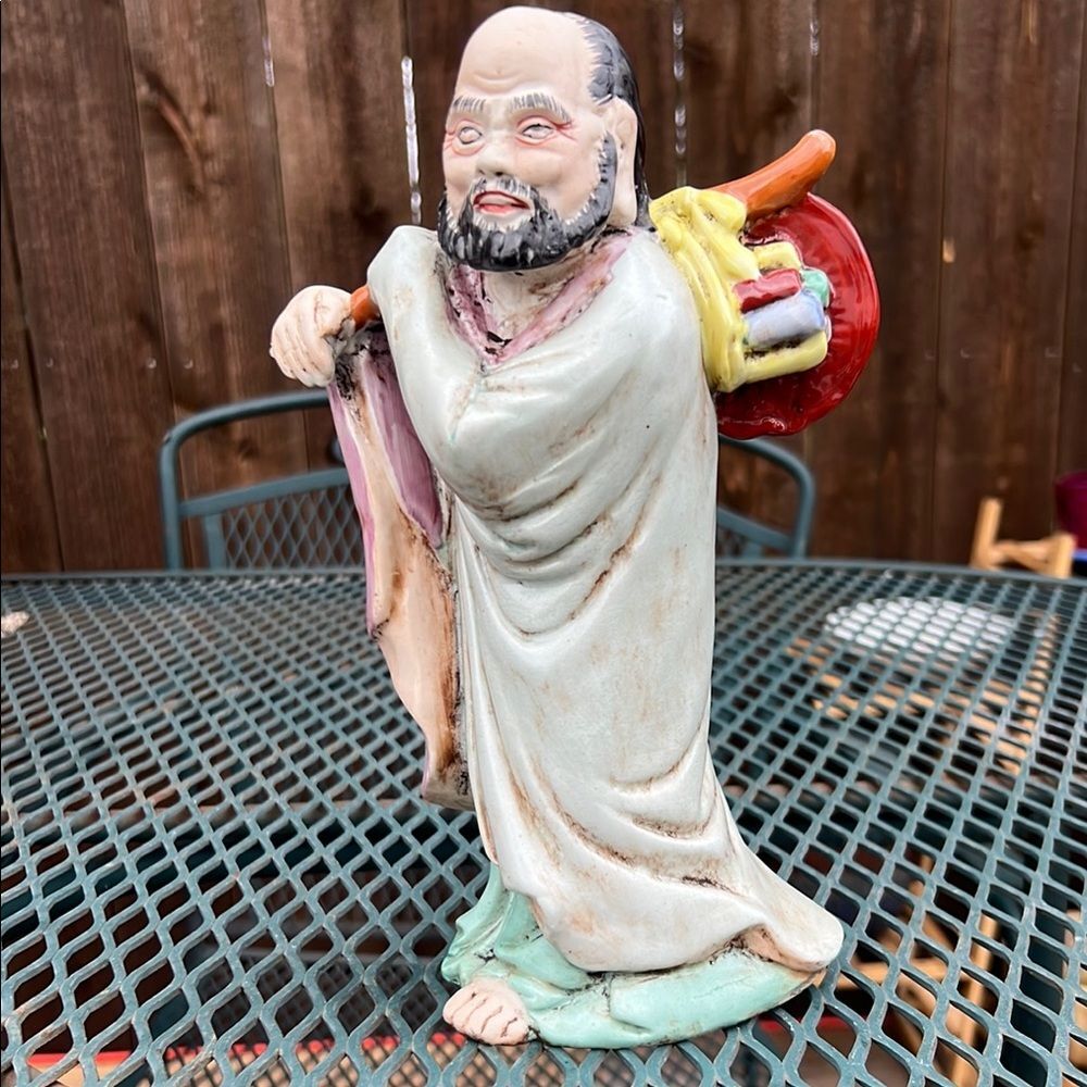 Vintage Chinese Mudman Figurine Ceramic Immortal Traveler Statue Glazed Pottery
